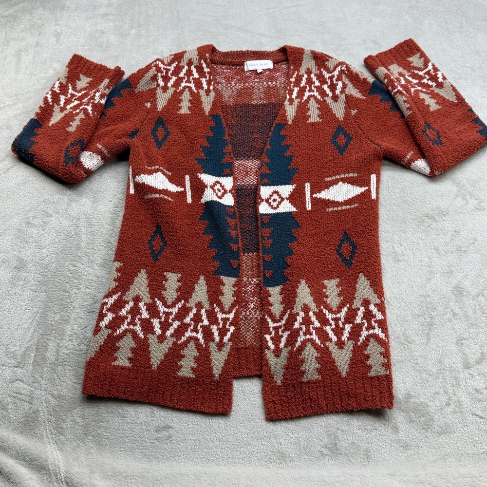 Ally Mae Aztec Cardigan Women M Rust Southwestern Fuzzy Open Front Boho Sweater